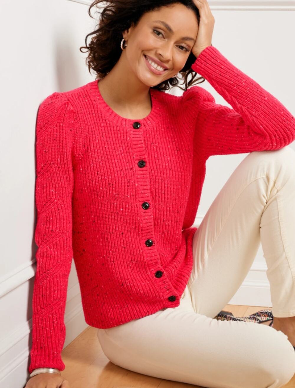 Talbots Puff Sleeve Tweed Cardigan Red Knit Womens Size Medium Petite